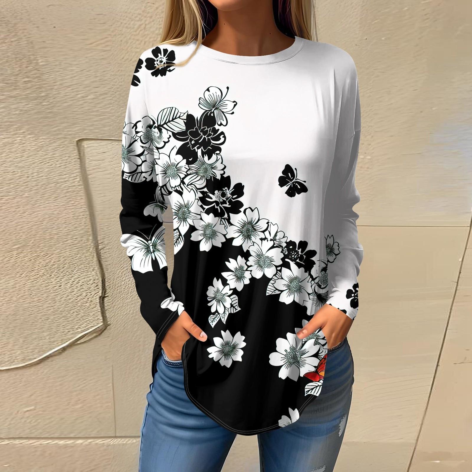 

Женская свободная футболка с длинным рукавом с круглым вырезом и принтом листьев, верхний пуловер XL