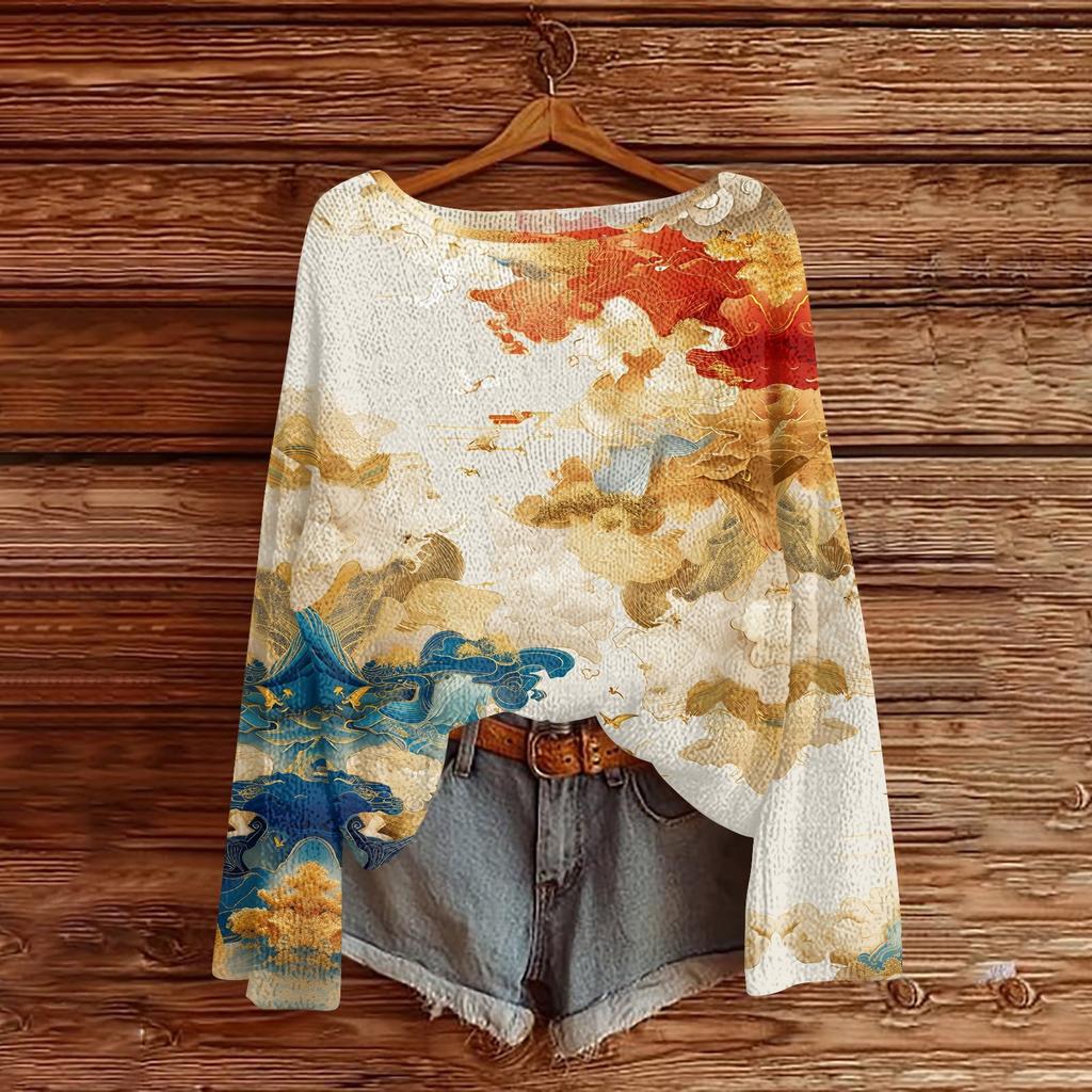 Womens  Fall Sweaters Long Sleeve Print Tops Pullover Sweaters Loose Dressy Casual Basic Clothes