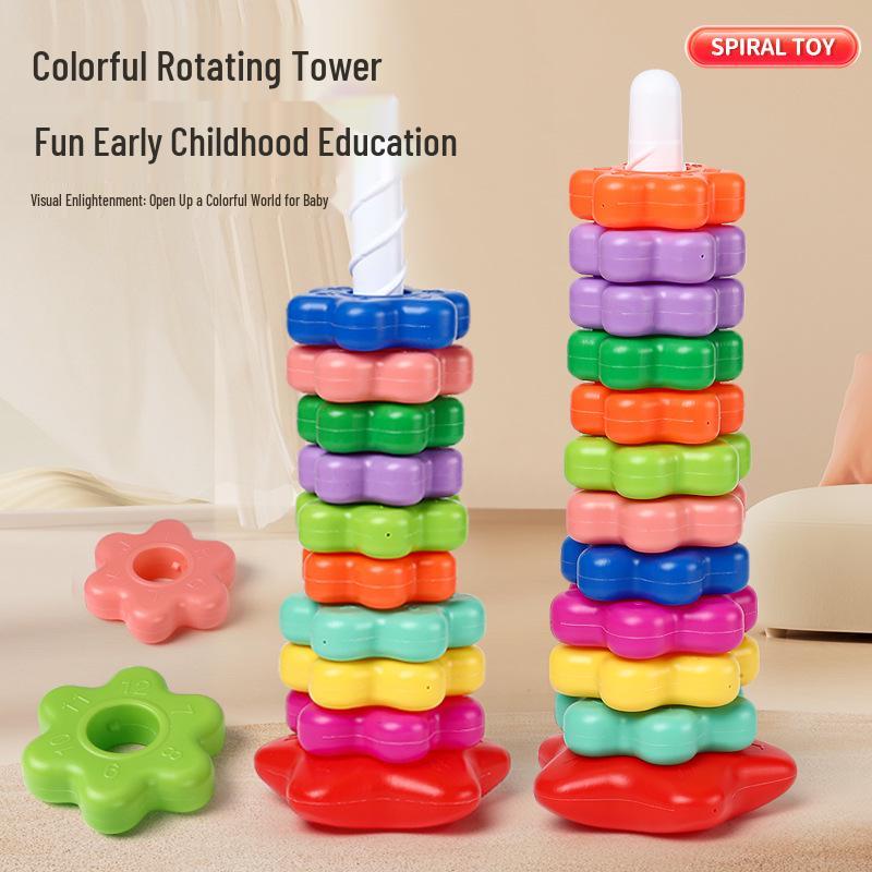 Regenbogen Drehturm Blume Stapel & Ringwurf Puzzle Spielzeug für Babys ab 6 Monaten