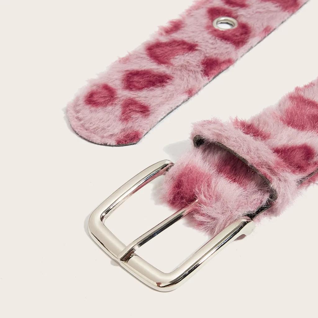 Pink Leopard Print Plush Belt Personality Fashionable and Versatile Wide-width Light Luxury and Comfortable Furry Belt for Girls