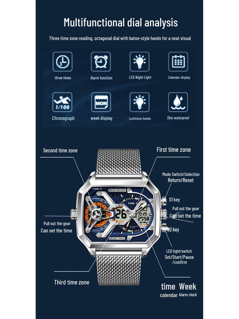 Grenzüberschreitende Herren Multifunktions-Wasserdichte Sportuhr - Europäischer & Amerikanischer Stil