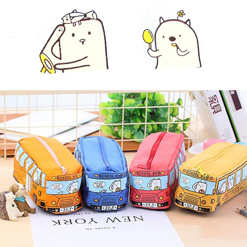 Cartoon Bus Pencil Bag Canvas Stationery Box Large Capacity Pen Bag  Pencilcase