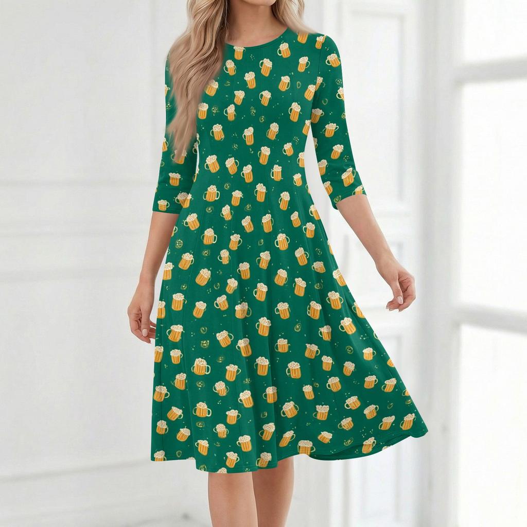 Casual Mid-Length Dress with Round Neck and Three-Quarter Sleeves Featuring Beer Glass Print Suitable for Everyday Wear and Events