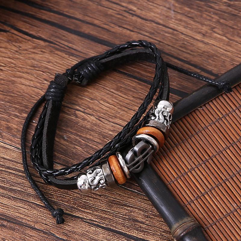 Eco-friendly Retro 4-Piece Wood & Leather Bead Bracelet Set