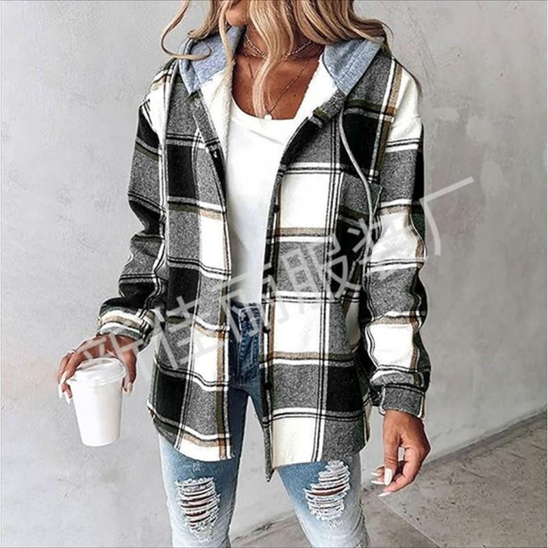 Womens Oversized Plaid Wool-Blend Coat Long Sleeve Hooded Short Outerwear Winter Casual Wear