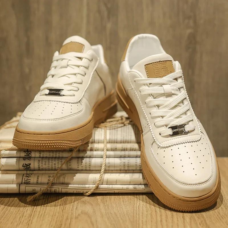 Fashion New Men's Leather White Sports Shoes, Breathable and Comfortable Casual Shoes, Men's Fashionable Outdoor Walking Shoes Size39-44