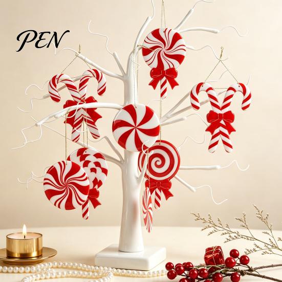 Classic Red White Christmas Ornaments 12/24/36 Pcs Candy Tree Decorations, Lollipop Picks for Tree, Country Style Fireplace Hanging Decor Ornaments,