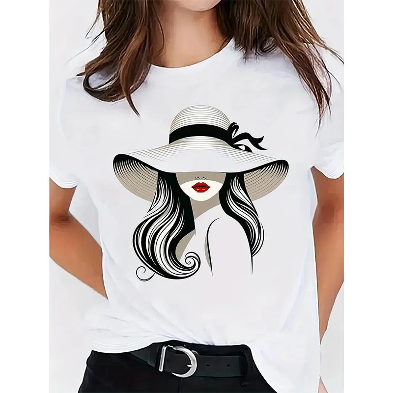 Women Summer T Shirt Versatile Print Retro Fashion Short Sleeve Tees Casual   Printed  Tops