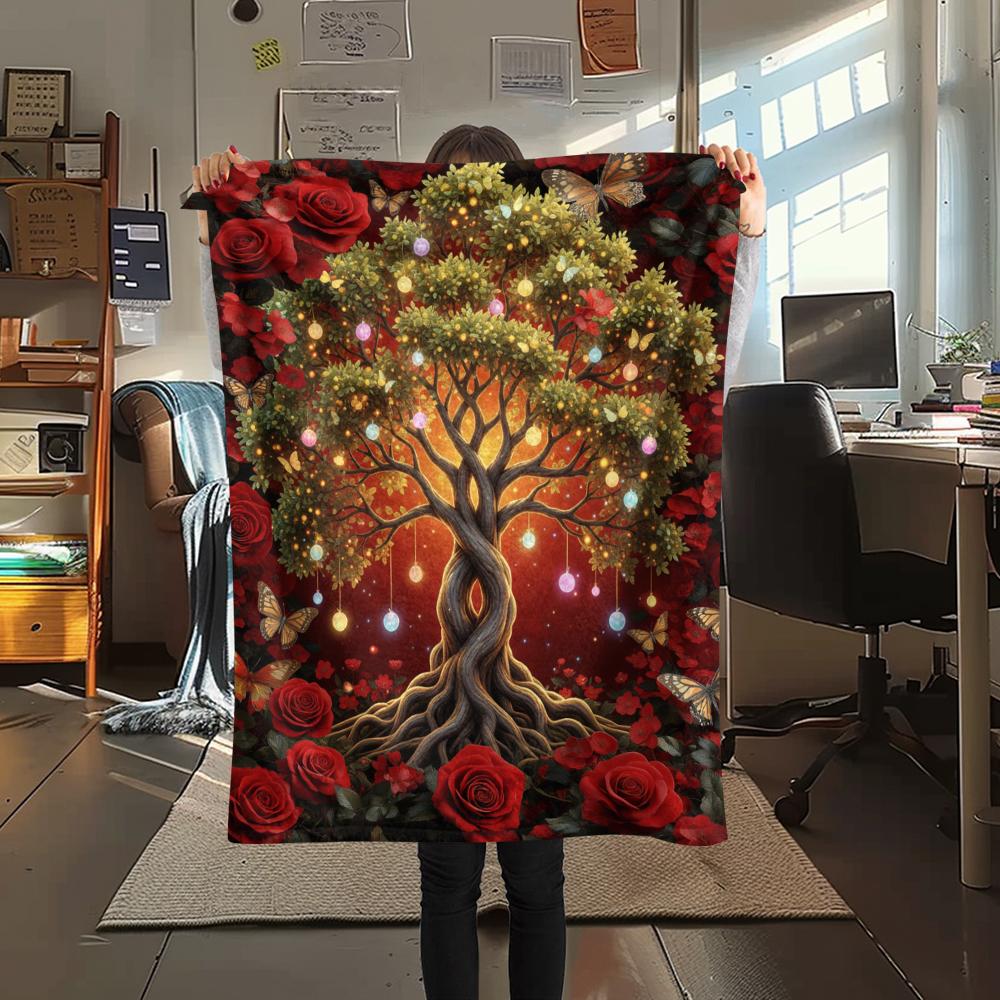 1PC Tree of Life Print Flannel Blanket, High quality All Seasons, Home Decor, Warmth and Comfort, Perfect for Christmas Gifts