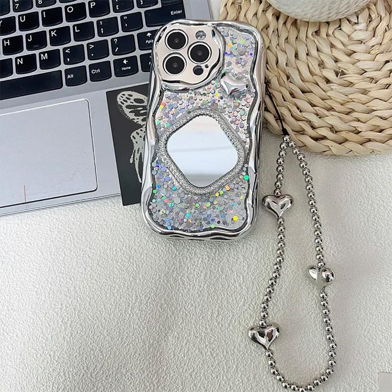 Glitter Sequin Phone Case for Apple 17 Promax Rhinestone Square Mirror for IPhone 16 Hand Chain Heart