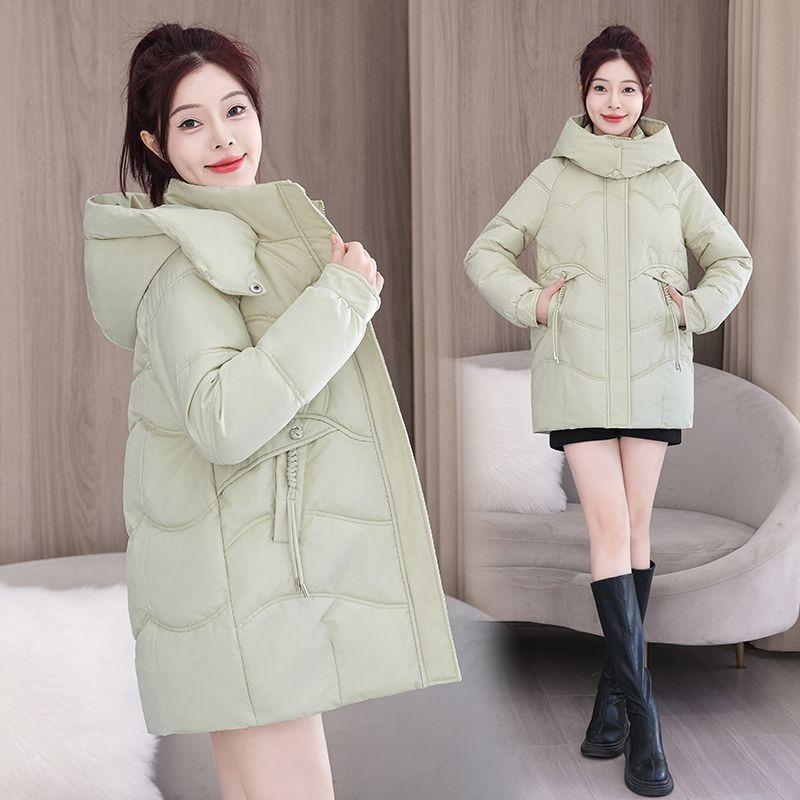 Women Winter Solid Color Mid Length Cotton Padded Coat Korean Loose Thick Warm Student Outerwear Jacket