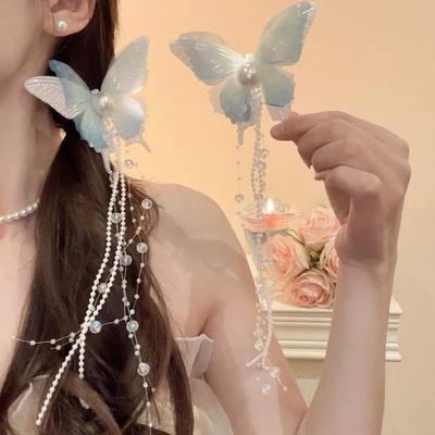 Mädchen Haarnadel Schmetterlinge Dekor Kunstperlen Perlen Lange Quaste Haarspange Hochzeit Abschlussball Geburtstag Haarspange