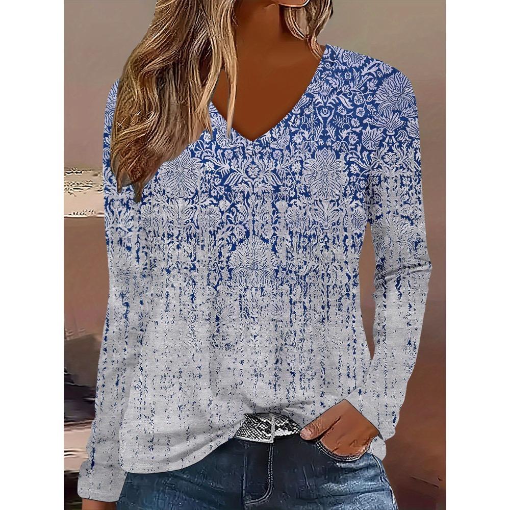 Spring Autumn Fashion Comfortable Soft V-neck Long Sleeve T-shirt Creative Butterfly Flower Loose Casual Women Versatile 3D Printed T-shirt