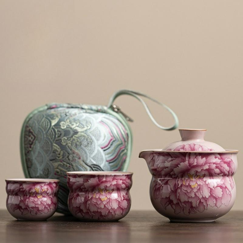 Handmade Pink Ru Kiln Tea Set Portable Ceramic Kung Fu Teacup Teapot Teaware Outdoor Travel Teaset Accessories Decoration Gift