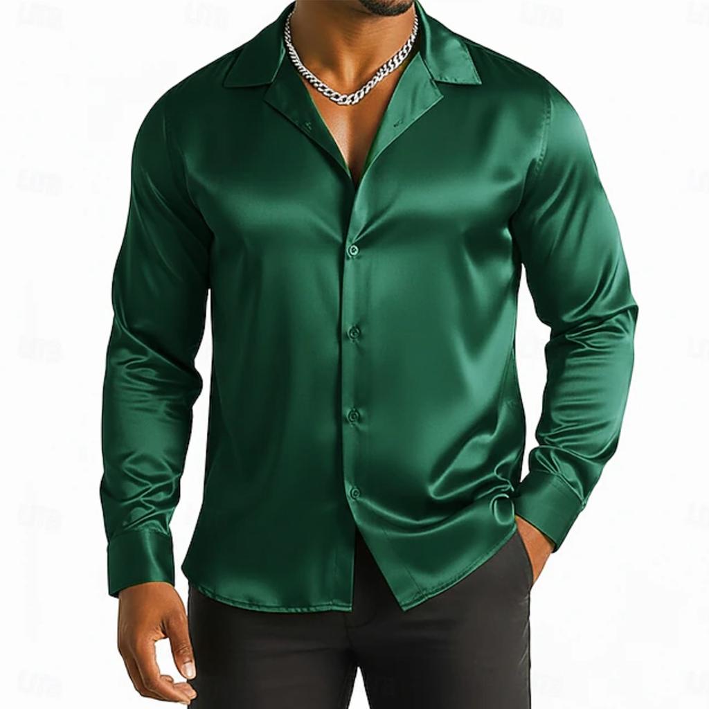 Męska Koszula Satynowa Jedwabna Błyszcząca Satyna Długi Rękaw Kołnierzyk Na Guziki Koszule Eleganckie Party Studniówka Ślubne Góry