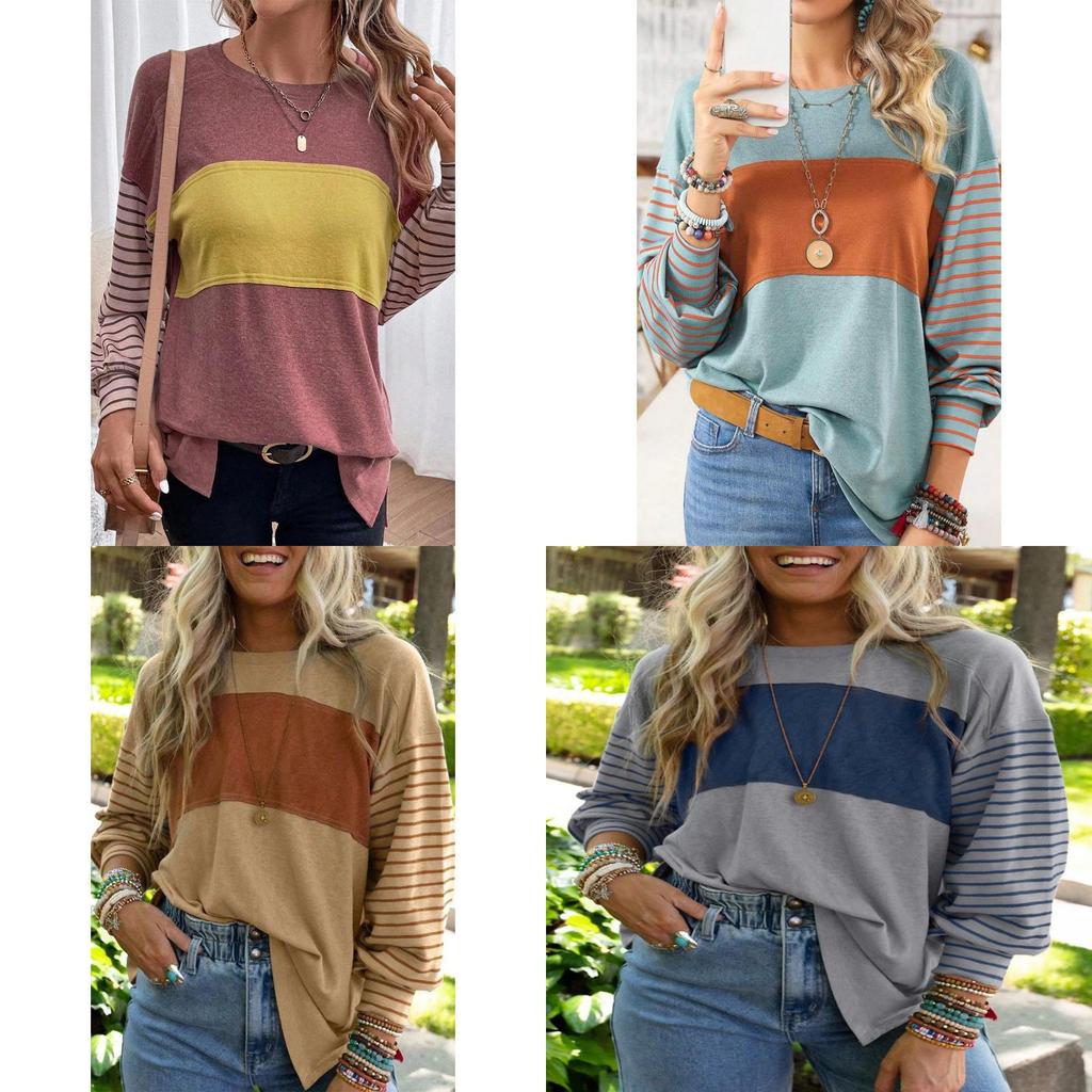 Polyester Striped Casual Long Sleeve T Shirt For Women With Color Block Design For Spring
