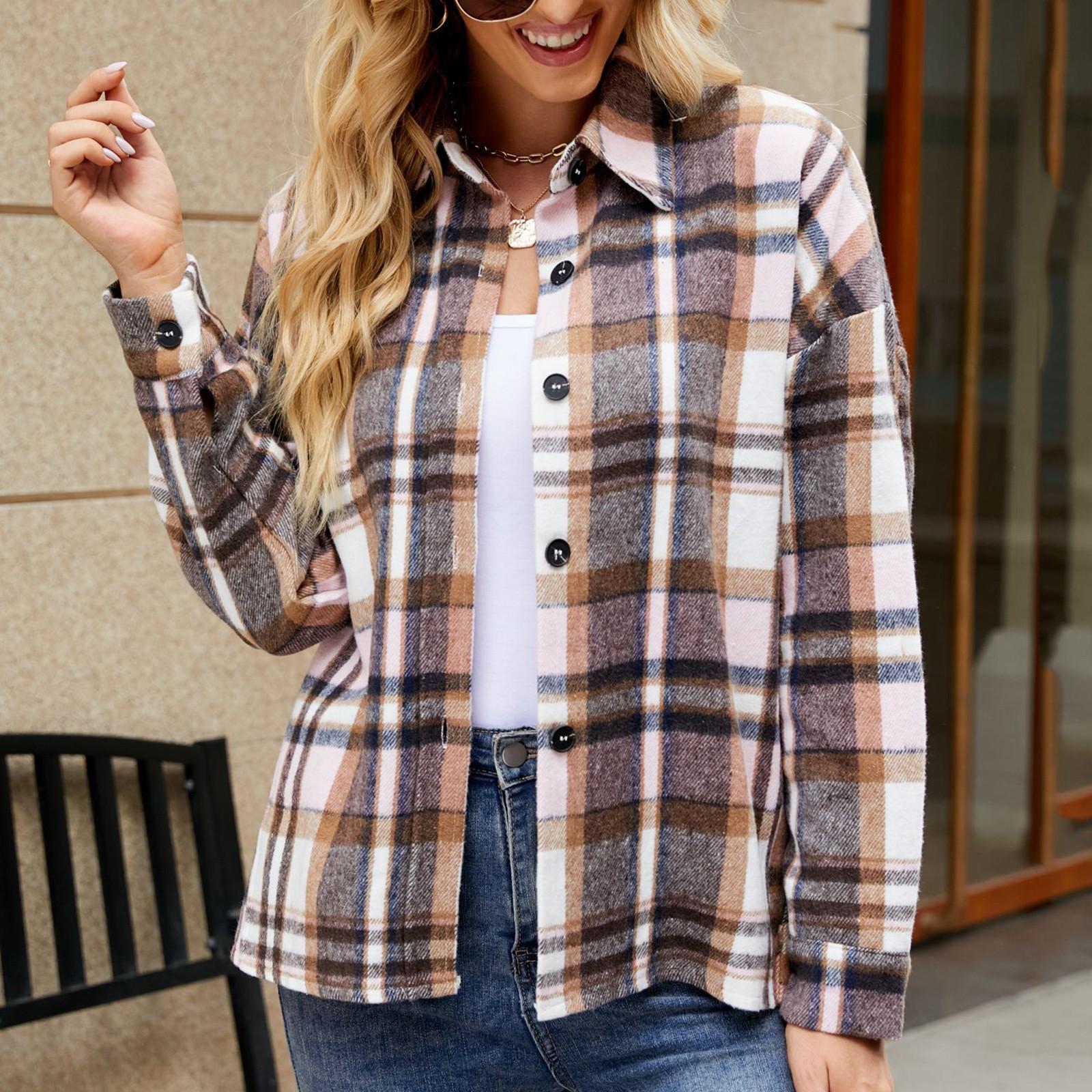 

Fashion Women Collar Neck Long Sleeve Oversized Plaid Casual Tops Shacket Coat XXL рожевий
