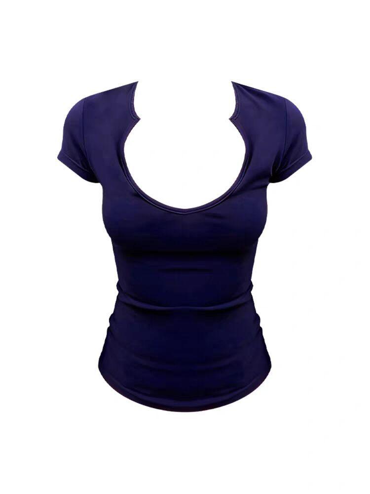

Pure desire sexy babes short-sleeved t-shirt women s summer shoulder U-neck slim and thin niche versatile chic top L (recommended 57.5-65kg ) Темно-синій