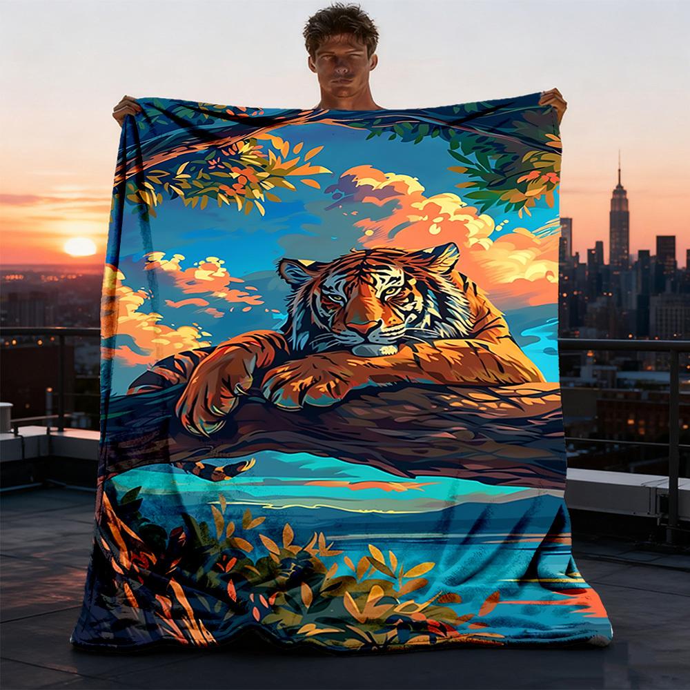 1pc Tiger Print Print Outdoor Blanket, Lightweight Polyester,