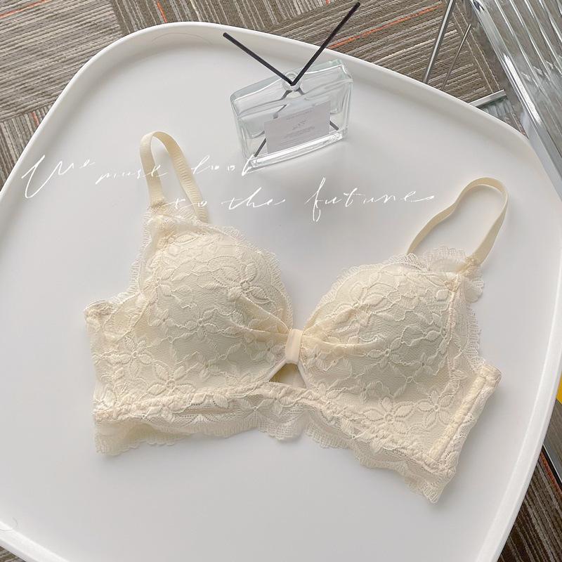 Women s Beige Floral Lace Bralette Bow Decor Wireless Triangle Bra 32 шампанского