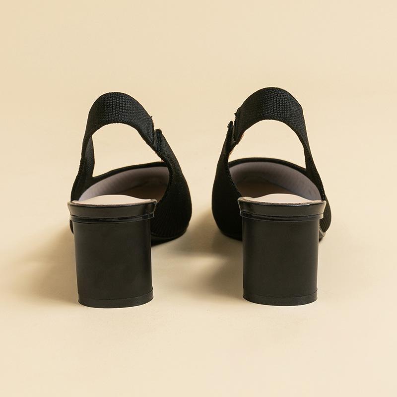 Women's Large Size Spring Sharp Pointed Toe Thick High Heel Single Shoes Casual Shallow Mouth Hollow Solid Color Buckle Knitted Sandals Shoes 34-43