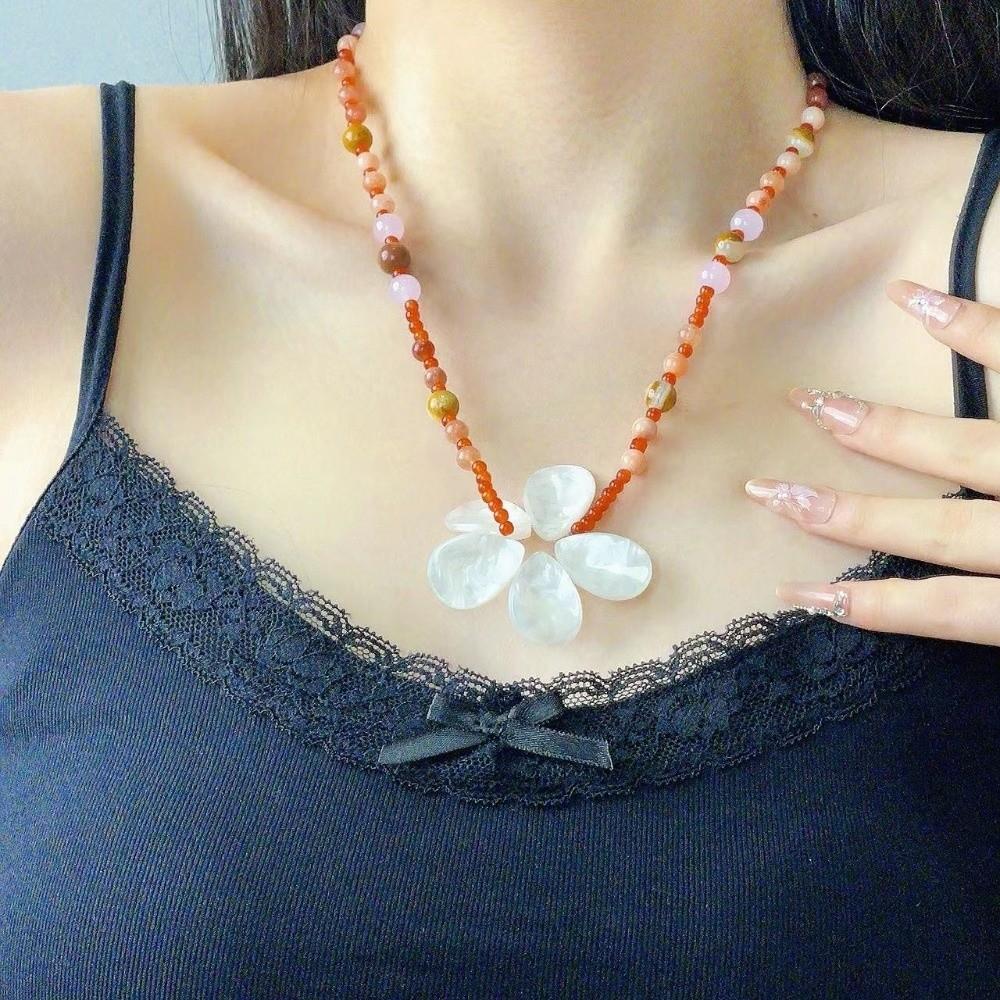 Ocean Style Shell Flower Necklace Boho Ocean Style Neck Chain Stone Pendant Necklace  Holiday