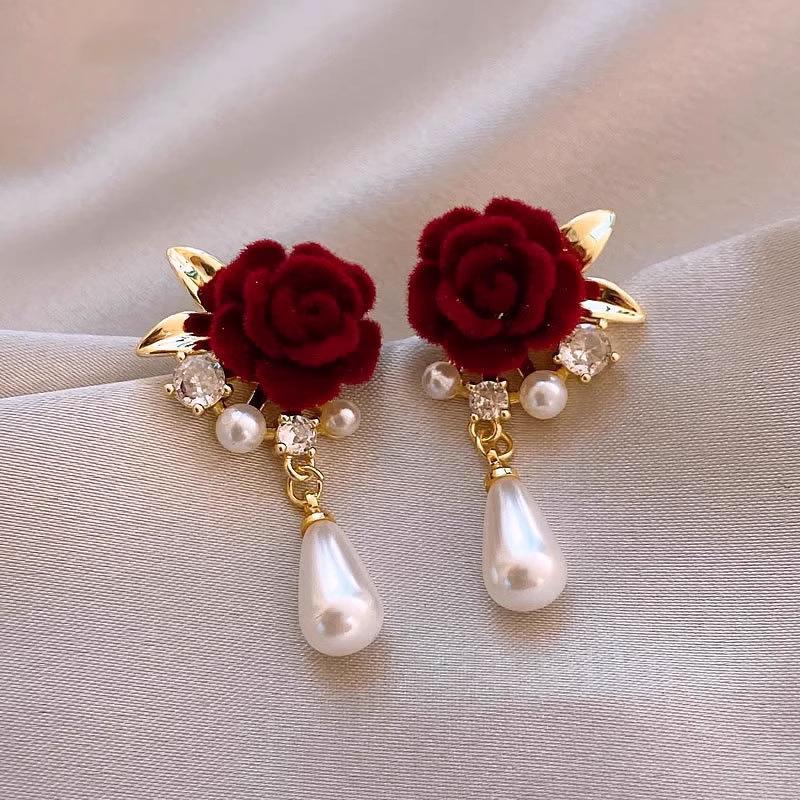 Wine Red Rose Tassel Pearl Earrings: Elegant Flocked Studs for Autumn/Winter Fashion.