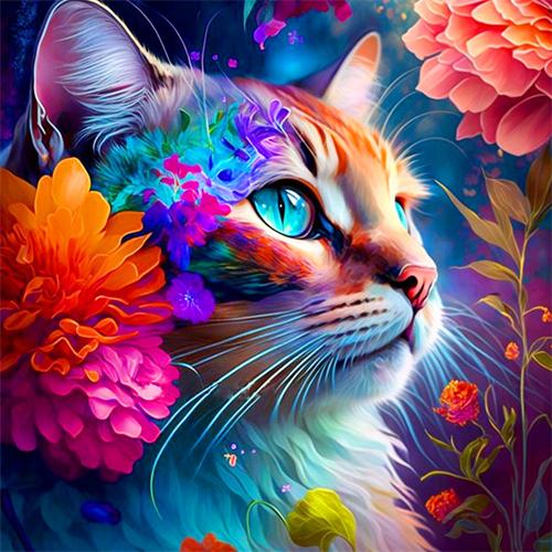 5D DIY Diamantmalerei Katze Farbe Pfingstrose Stickerei Mosaik Tier Blume Kreuzstich-Set Quadratisch/Rund Heimdekor