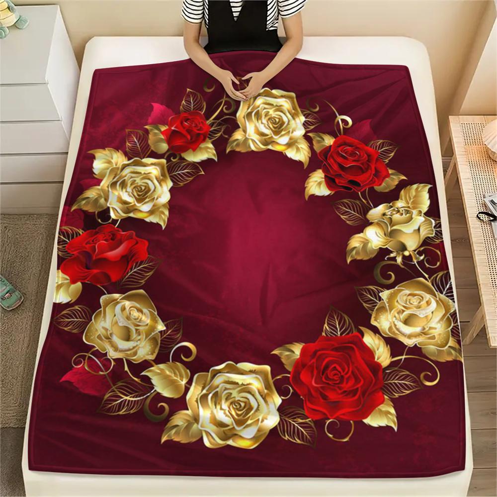 1Pc Golden Flower Print Flannel Blanket, High Quality Comfortable for All Seasons, Home Decor, Warmth and Comfort, Perfect for Gifts