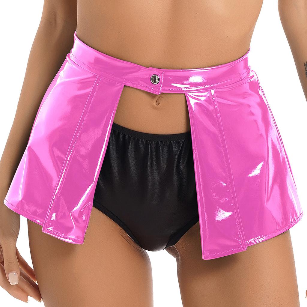 Womens Patent Leather Mini Skirt Open Front Design Pole Dance Clubwear