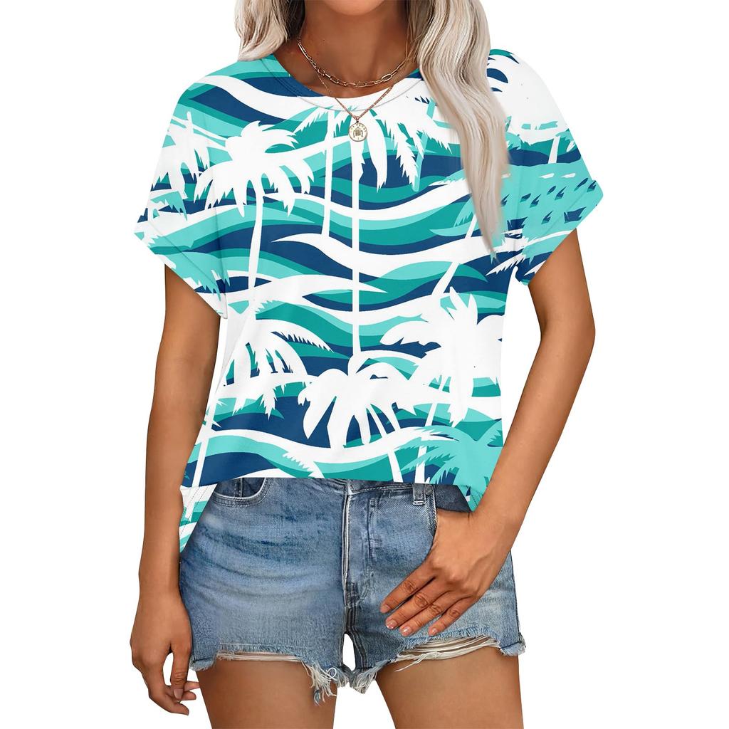 Women's Casual Fashion Round Neck Rolled Hem Short Sleeve Floral Top