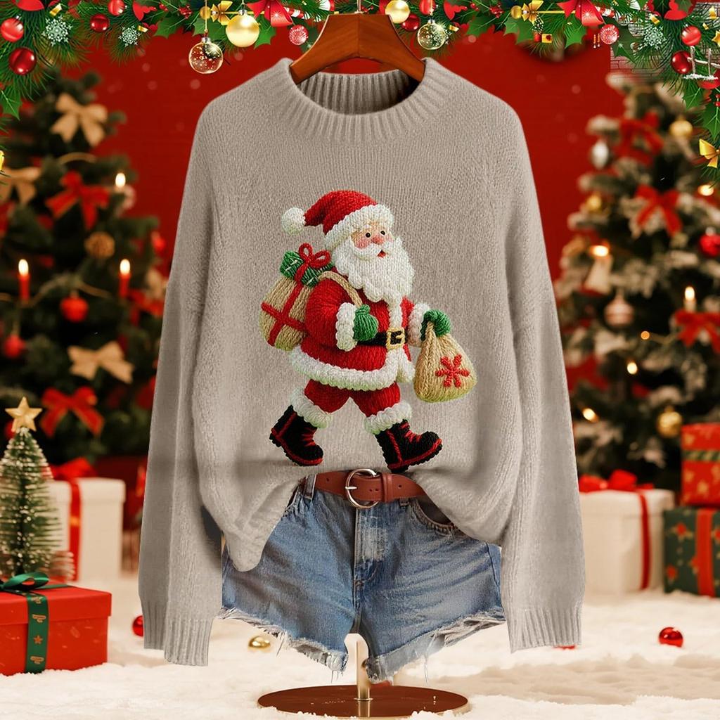 Women's Fashion Christmas Print Pullover Long-Sleeve  Neck Knit Sweater Top