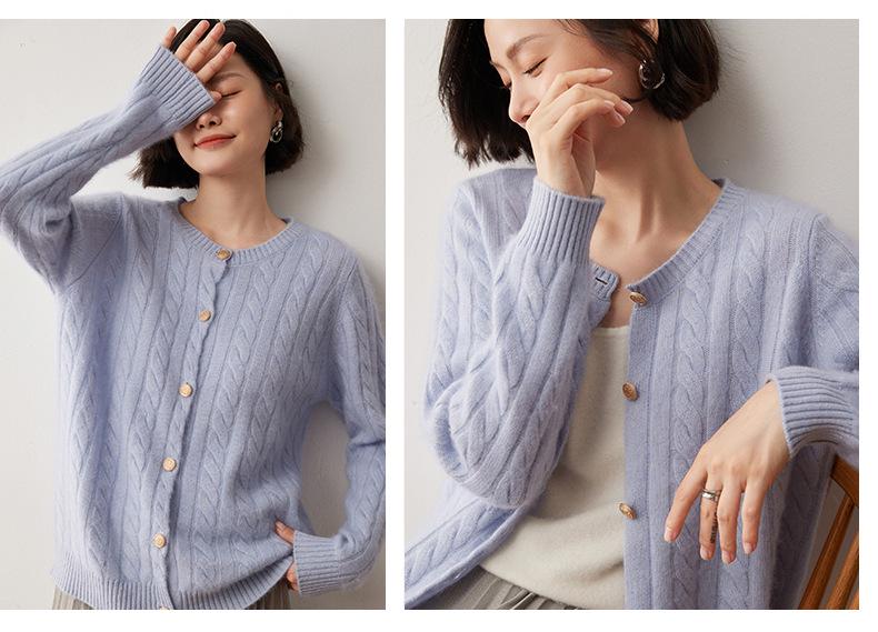 Women's Loose Fit Cashmere Cable Knit Cardigan - Long Sleeve, Round Neck, Autumn/Winter 2024 Collection