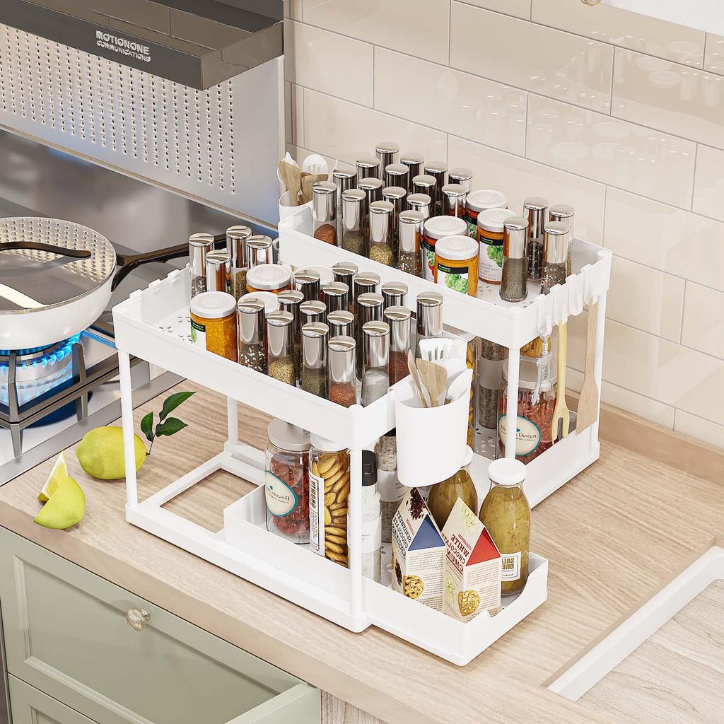 White Double-Layer Drawer Storage Rack, Multifunctional Storage Box with Hooks for Kitchen and Bathroom Countertop Sink Storage