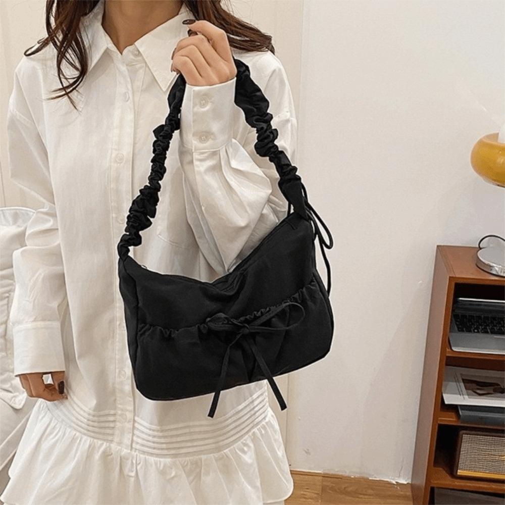 Fashion Nylon Bow Pleated Bag Drawstring Adjustable Pleated Shoulder Bag Zipper Kroean Style Women's Handbag Lady