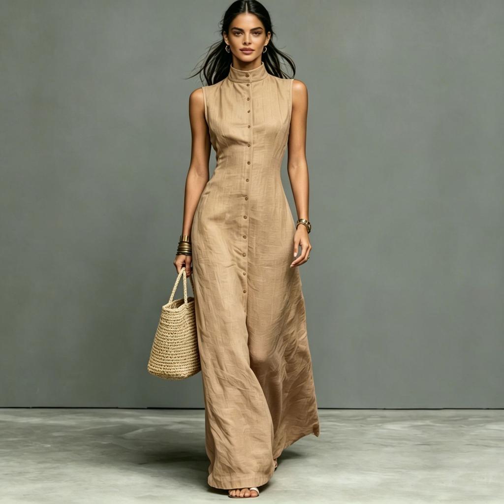 Damen ärmelloses Maxikleid mit hohem Kragen und Knöpfen, einfarbig, lässig, locker sitzend, Sommerkleid