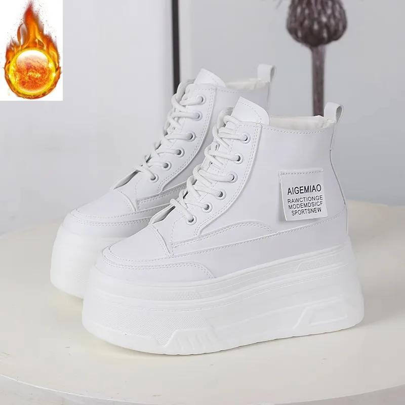 Fashion 12CM Genuine Leather Women Casual White Platform Wedge Skateboard Hidden Heel Shoes Shoes Vulcanize plush Chunky Sneakers