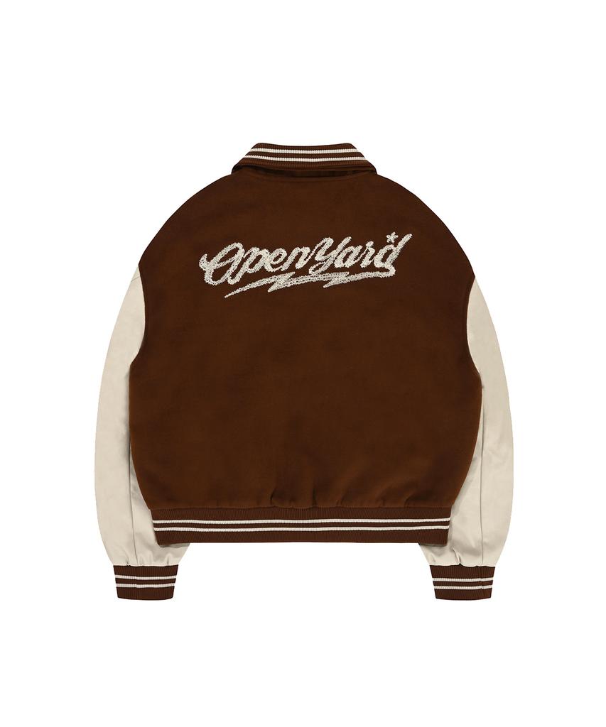 Openyard(Oy) Zigzag Embroidery Varsity Jacket - Brown