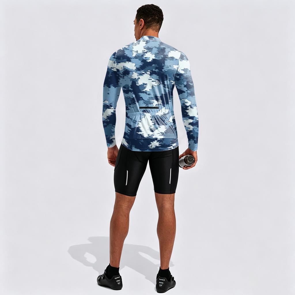 Men’s Crew Neck Printed Zip Breathable Quick Dry Long Sleeve Cycling Jersey with Digital Camouflage Pattern for Outdoor Sports Activities
