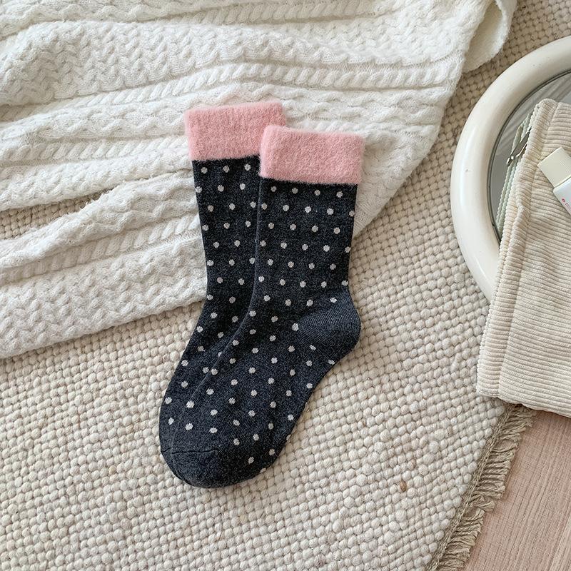 Sweet Pink and Contrasting Color Wool Mid-calf Socks, Striped Bow, Fair Island Pile Socks for Autumn and Winter