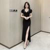 Sexy dress low cut sexy temperament KTV evening dress long foot bath technician split fork fishtail dress women