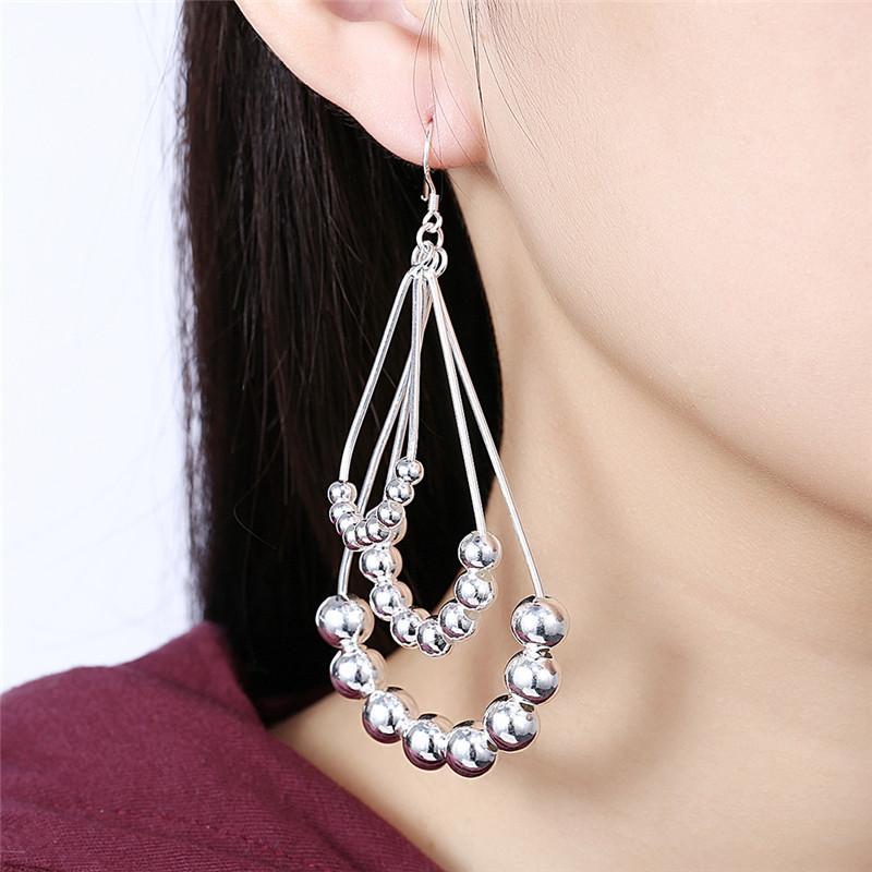 Women's Earrings Korean Style Exaggerated Long Three-Line Beaded Earrings Silver Plated Earrings