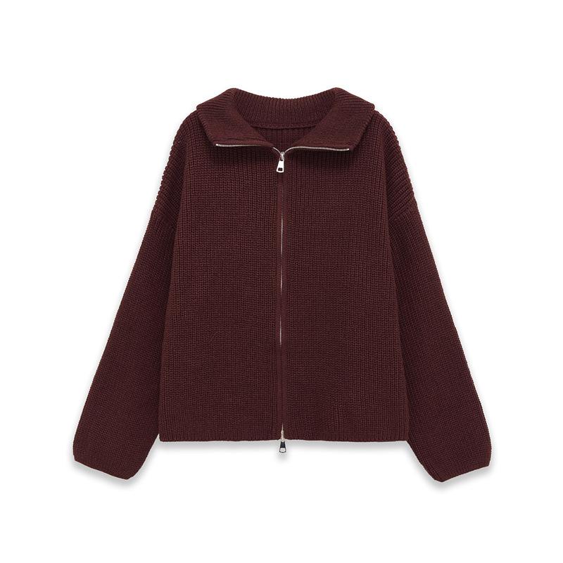 Spring Arrivals Women's Loose and Lazy Style Sweater Cardigan Flared Lapel Long Sleeve Double Chain Stripe Knit Coat