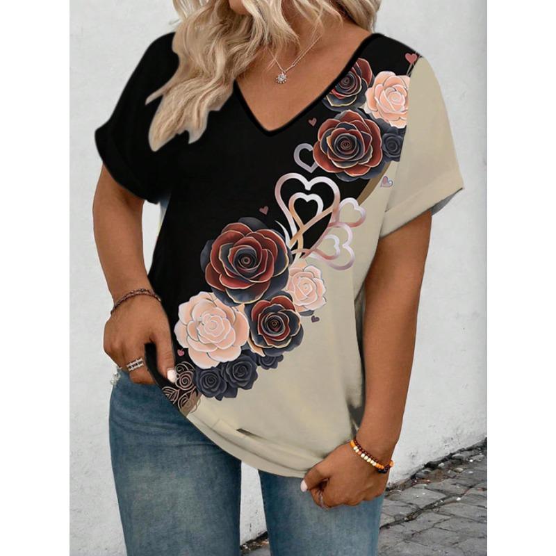 Summer V-neck Flower Pattern 3D Printed Top Fashionable Casual Short Sleeved Women's T-shirts