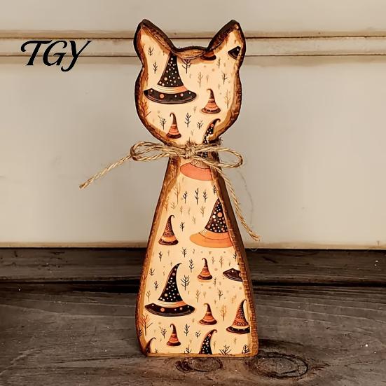 Retro Farmhouse Shelf Display Rustic Wooden Cat Ornament, Vintage Halloween/Flower Wood Tabletop Signs, Witch Hat Decor Distressed Animal Figurines