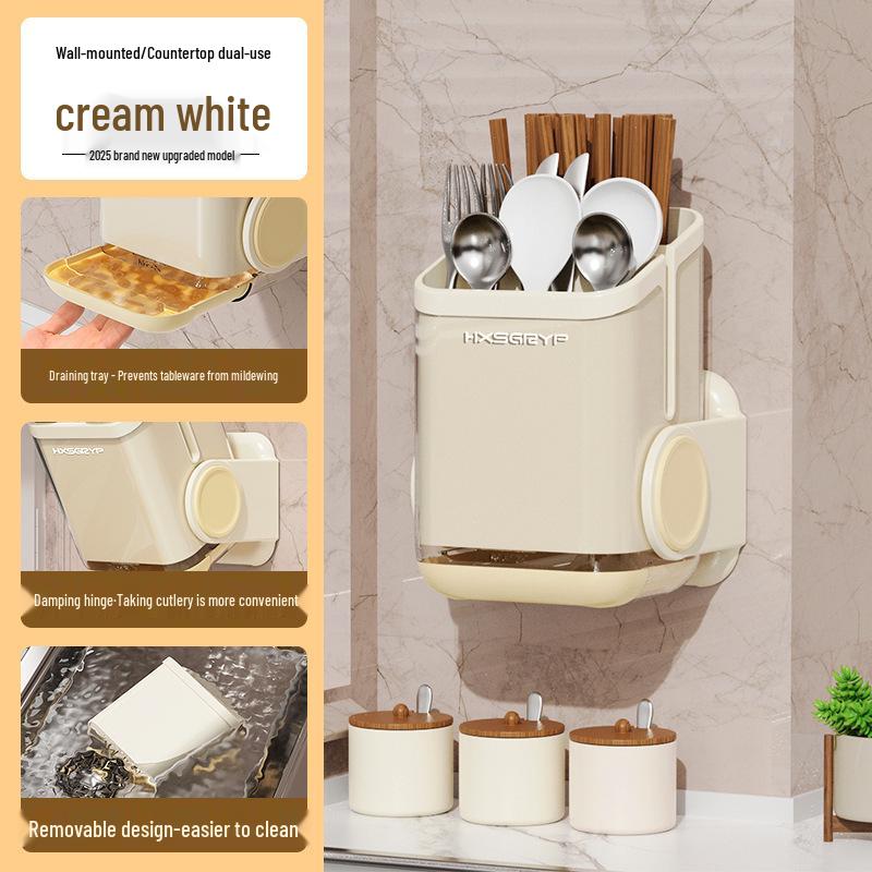 Wall-Mounted Anti-Mildew Chopstick and Utensil Holder With Draining Shelf.