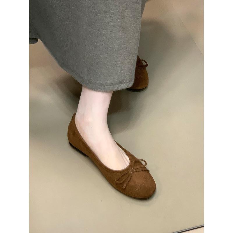 Silver Bow Light Mouth Flat Sole Shoes Women's Soft Sole Suede Grandma Shoes Retro Mary Jane Shoes