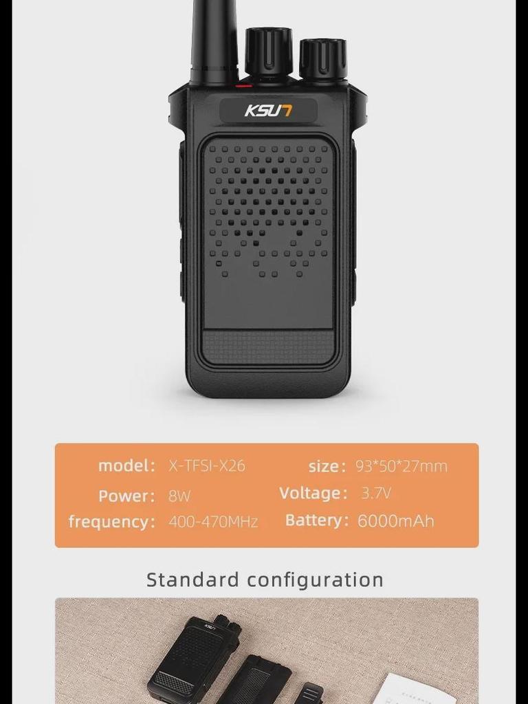 KSU7 Ruční vysílačka: 8W Vysoký výkon, Rychlé nabíjení USB, Silný venkovní signál, Mini design (x26).