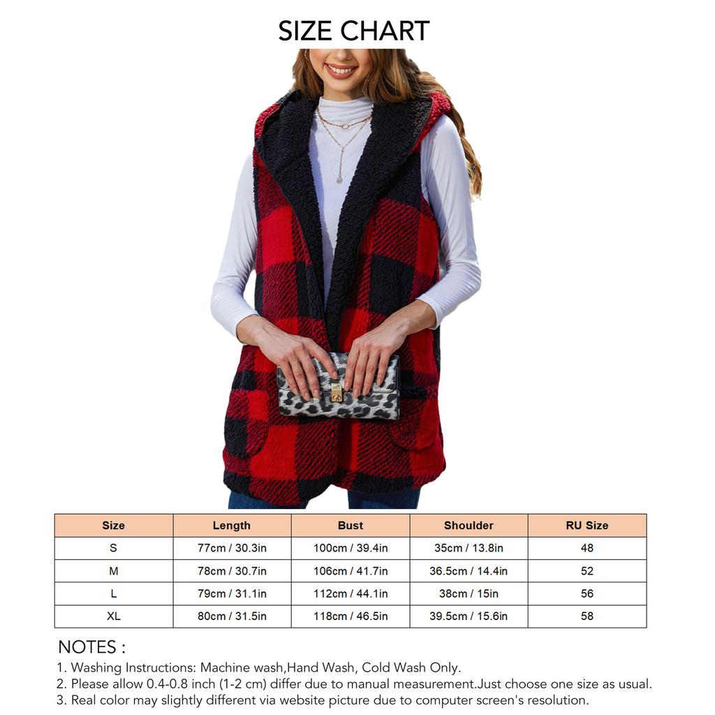 Women Sleeveless Fleece Vest Hooded Plaid Open Front Loose Fit Outerwear Coat Vest Red L
