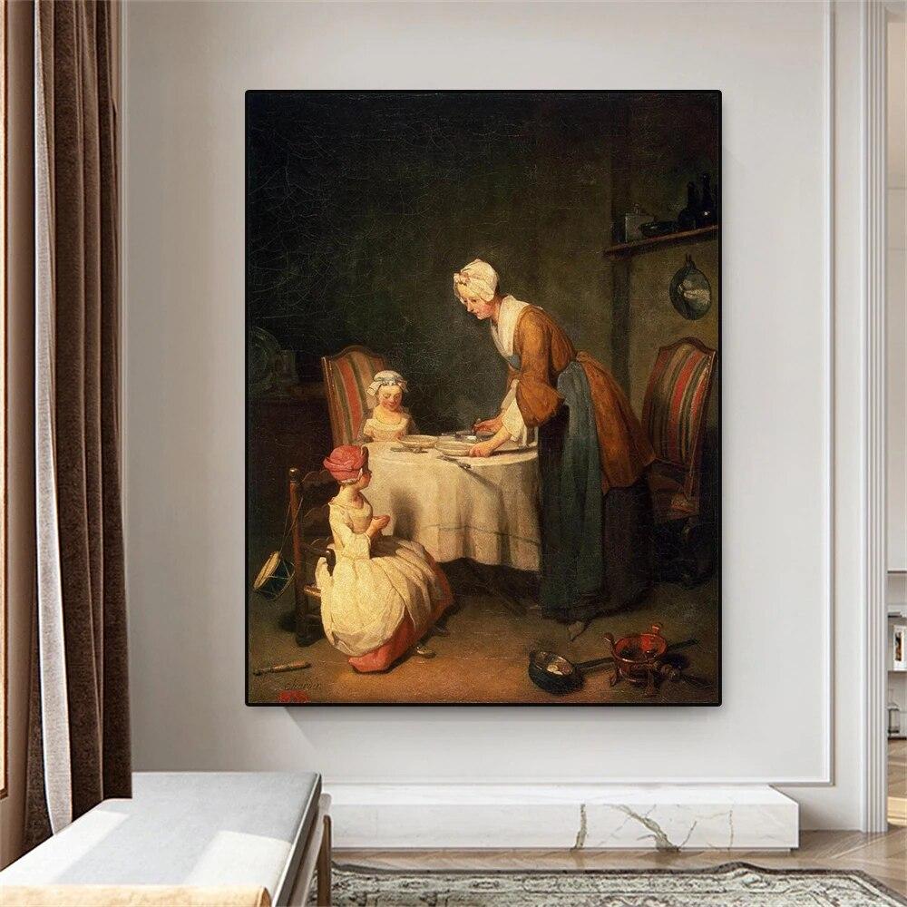 Vintage Famous Oil Painting Prints Jean-Siméon Chardin Saying Grace Canvas Painting 17th century Poster Picture Home Decor